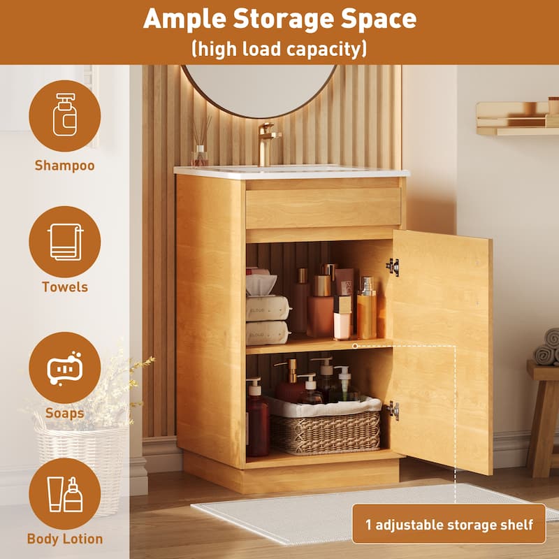 Small Bathroom Vanity, Freestanding Single Ceramic Sink Bathroom Vanity Cabinet - 20 Inch - 20 Inch - Natural Wood - 20 Inch