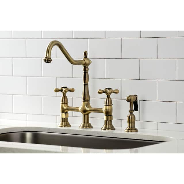 Heritage Bridge Kitchen Faucet with Brass Sprayer - Antique Brass