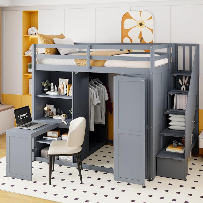 Full Size Loft Bed with Wardrobe & Desk - Space Saving Bed Frame with Built-in Shelves, for Bedroom, Dorm & Small Spaces - Grey - Full