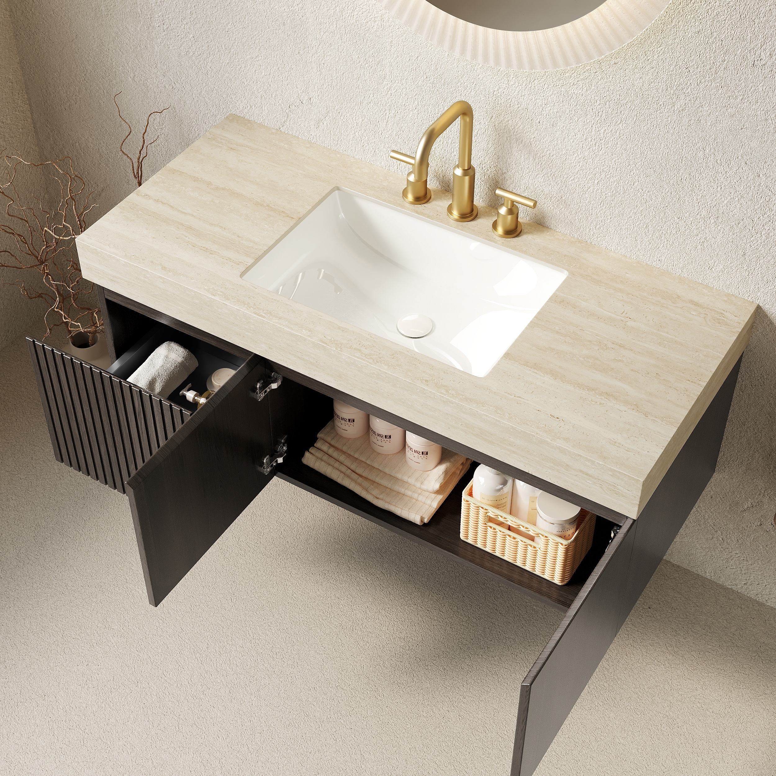 48 Inch Bathroom Vanity Sink Floating Plywood Storage Cabinet Drawer Doors Sintered Stone Top Ceramic Basin