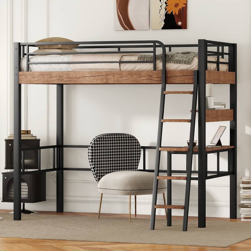 Black Metal Loft Bed with Built-in Desk, Storage Shelf and Ladder - Twin - Black