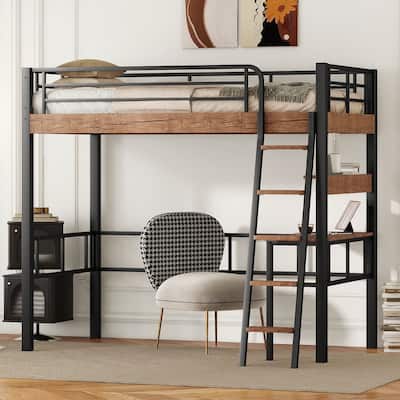 Metal Twin Size Loft Bed with Built-in Desk, Storage Shelf and Ladder, Black