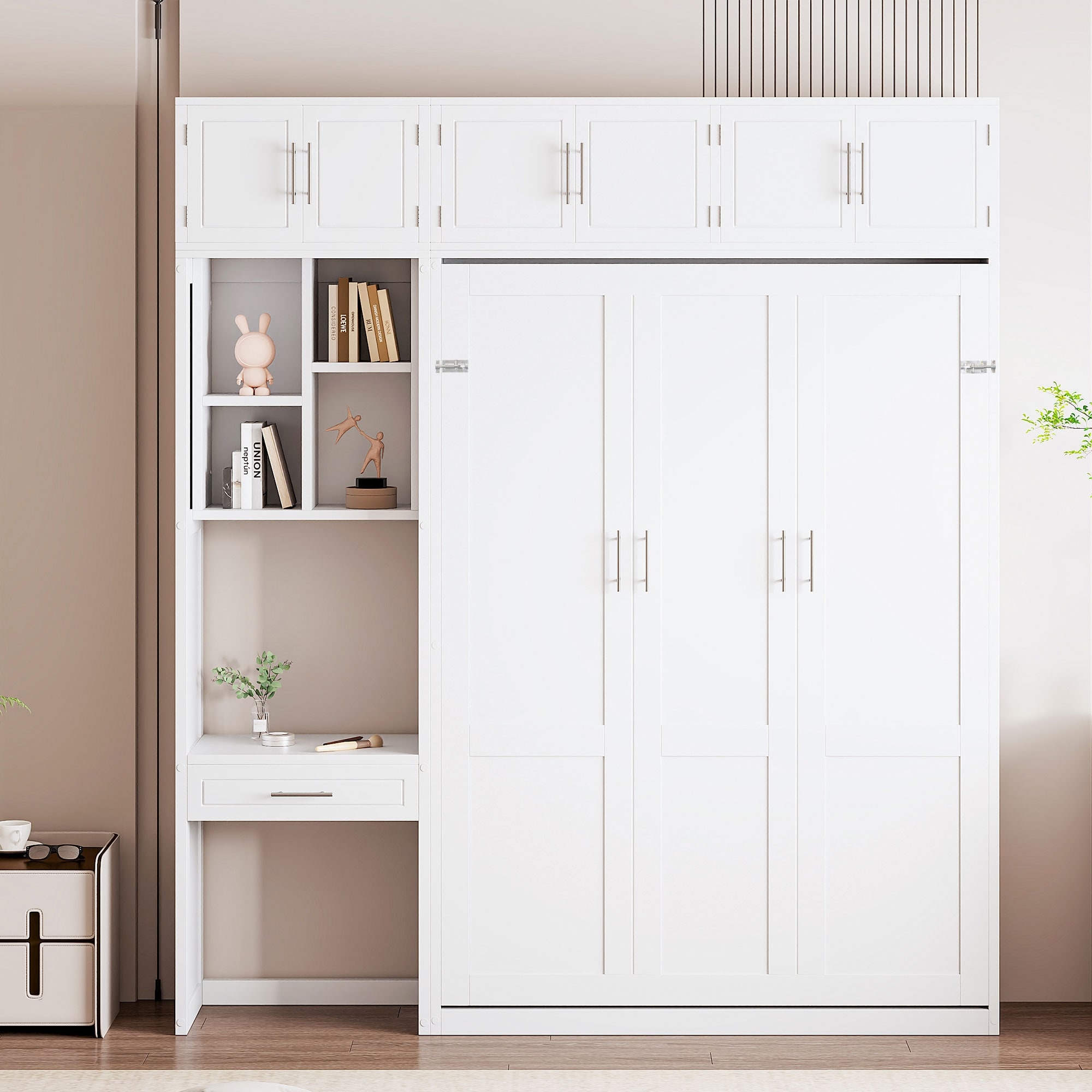 Roomfitters Wall Murphy Bed, Integrated Desk, Top Cabinet & Tiered Storage Shelves, Foldable Bed, Metal Mechanism Set