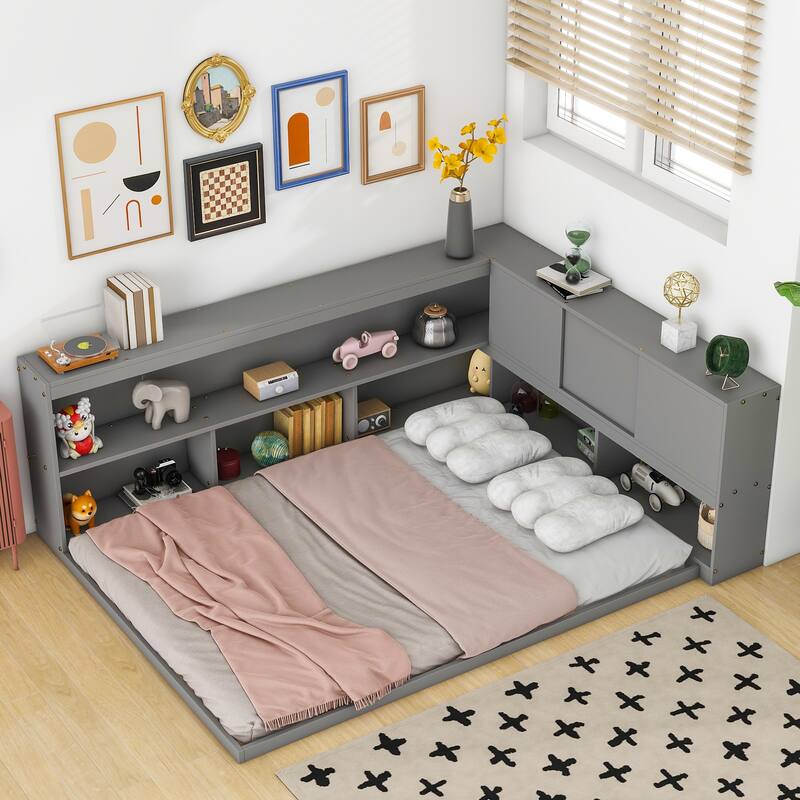 Floor Bed with L-shaped Bookcases