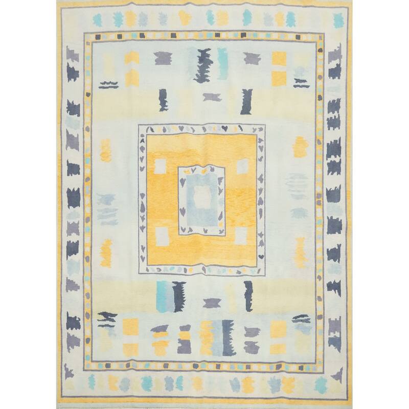 Hand Knotted Oriental 100% Wool Carpet Modern Geometric Navy Blue & Blues Gabbeh Area Rug - 9' 4'' X 8' 1''