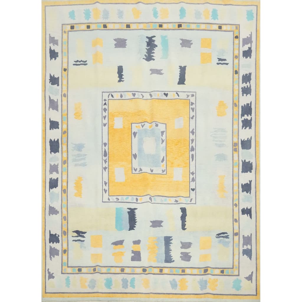 Hand Knotted Oriental 100% Wool Carpet Modern Geometric Navy Blue & Blues Gabbeh Area Rug - 9' 4'' X 8' 1''