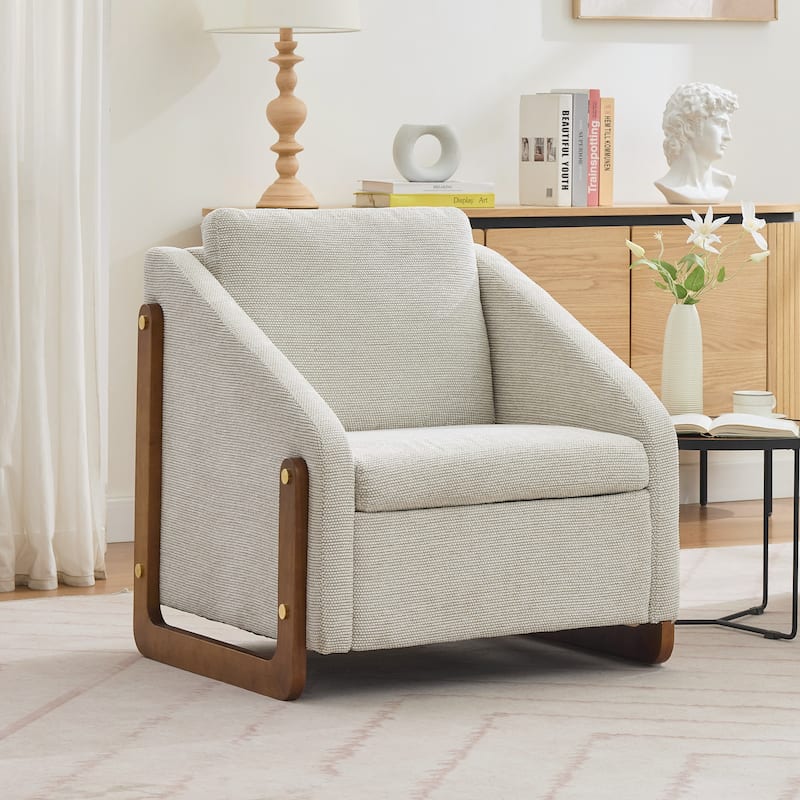 Modern Upholstered Armchair with Wooden Side Frame , Accent Leisure Chair with Cushioned Seat and Backrest - Beige