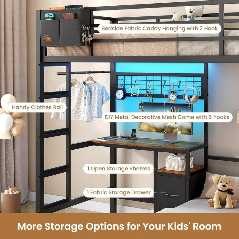 Bunk Bed Twin Over Twin Size with Desk Charging Station L-Shaped Metal