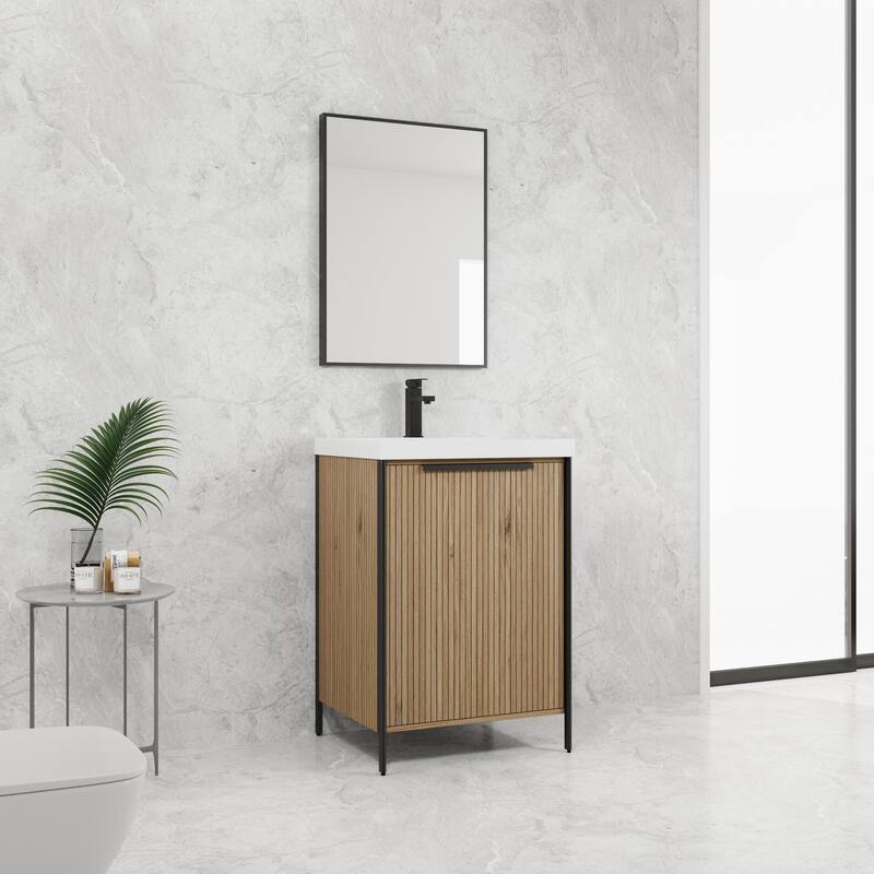 36" Freestanding Bathroom Vanity with Ceramic Sink, 2 Doors and 2 Drawers, Modern Grey Finish,8" Faucet Mount - 24 in ,Light Coffee ,Plywood - Light Coffee