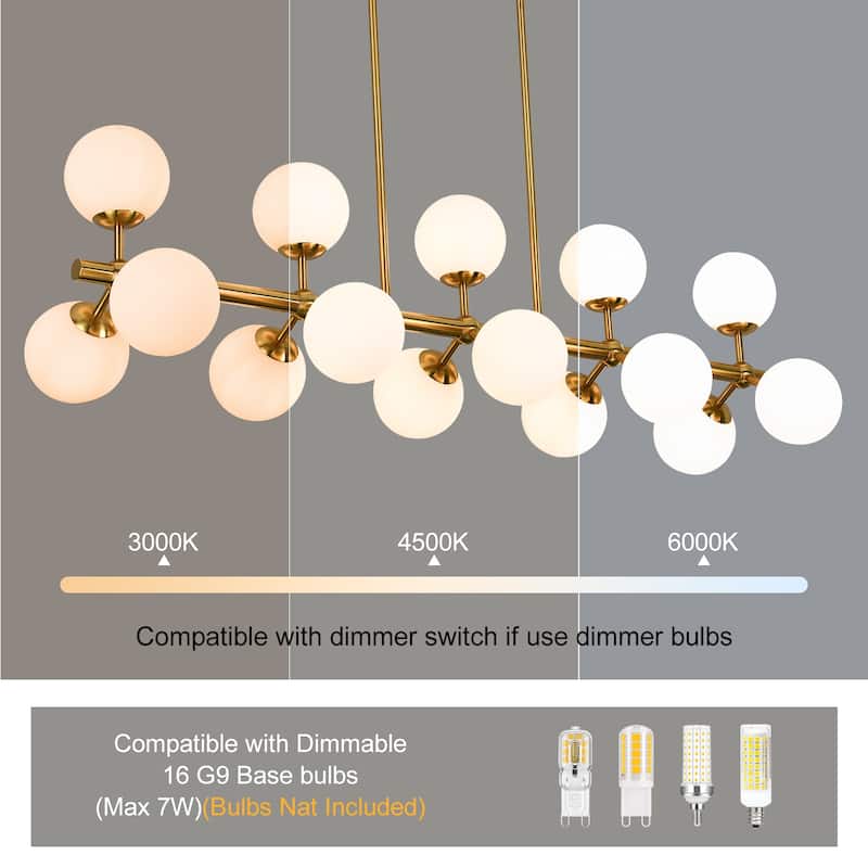 44in W Linear Mid Century Modern Chandelier 15 Light Gold Brass Sputnik Pendant Light with Frosted Glass Globe for Dining Room