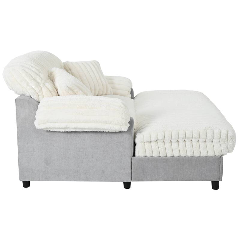 Modern Oversized Chaise Lounge Sofa for Living Room, 65.25" Cloud Sleeper Sofa Plush Faux Fur Sofa Couch with 2 Pillows
