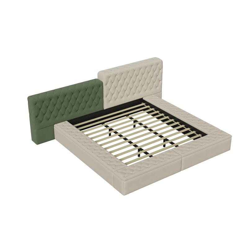 King Size Special-shaped Fully Upholstered Platform Bed with Deep Button Tufting and Storage