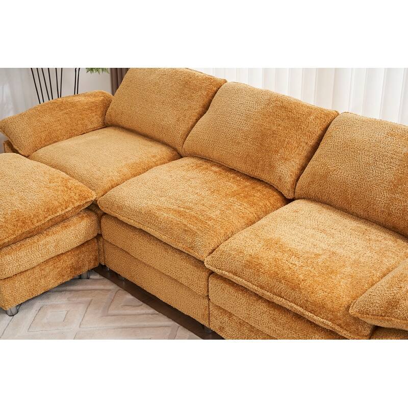 Modern Upholstered Living Room L Shaped Sofa,Comfy Sofa Couch with Ottoman and Pillow Arms
