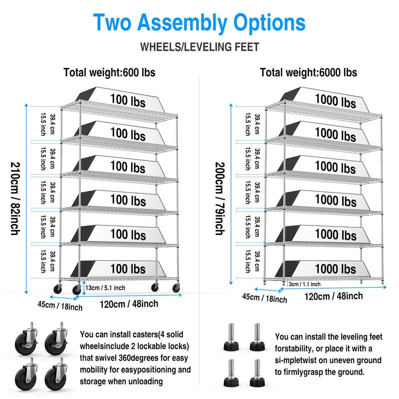 Heavy Duty 6 Tier Metal Shelves, Height Adjustable with Wheels