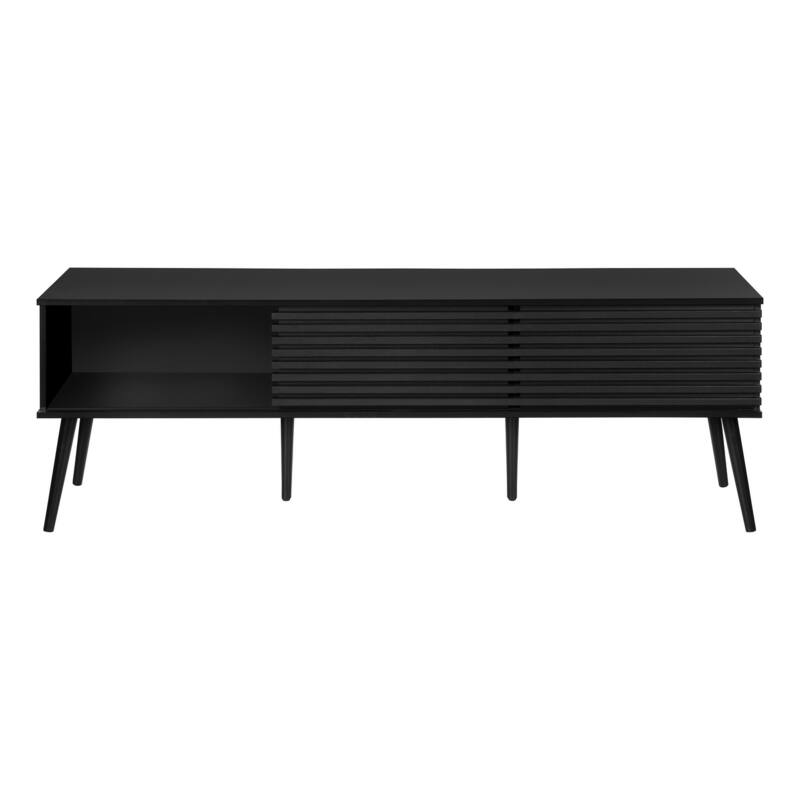 72-Inch TV Stand, Black Laminate, Solid Wood Legs, Media Console with Sliding Doors & Storage Shelves for Living Room