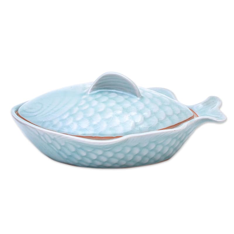 Novica Handmade Fish Dish In Aqua Celadon Ceramic Lidded Bowl