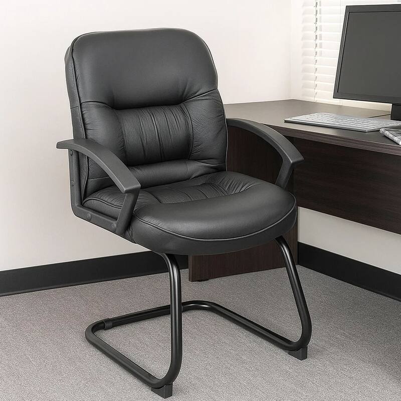 Mala Mid Back Guest Chair, Black Faux Leather, Lumbar Support