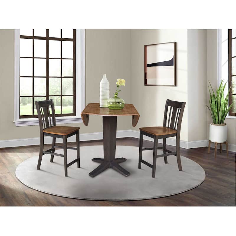 42 in Solid Wood Round Drop Leaf Counter Height Dining Table with Stools in Hickory/Washed Coal