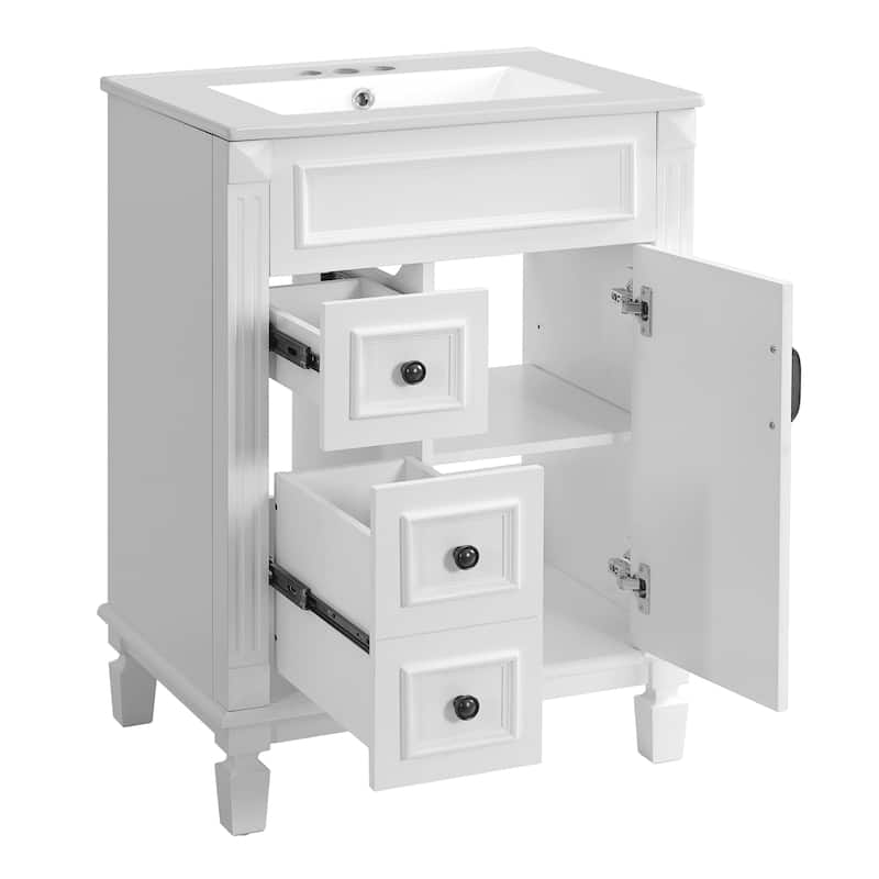 24" Bathroom Vanity With Ceramic Sink, Small Bathroom Sink Cabinet, Modern Cabinet With 2 Drawers And Adjustable Shelf
