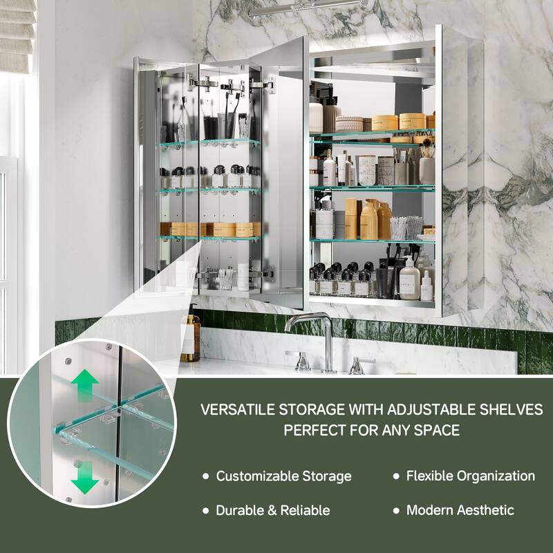 40x30 in Tri-View Mirrored Medicine Cabinet, 3-Door Triple Swing, Copper-Free, Blum Soft-Close, Recessed/Surface