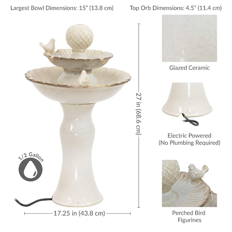 Sunnydaze 2-Tier Resting Birds Ceramic Outdoor Water Fountain - 27"