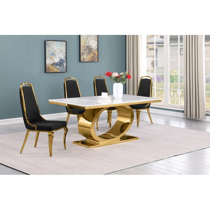 Best Quality Furniture D430/1-SC310-7 Dining Set with 68" White Marble Top - 5-Piece - Black / Gold