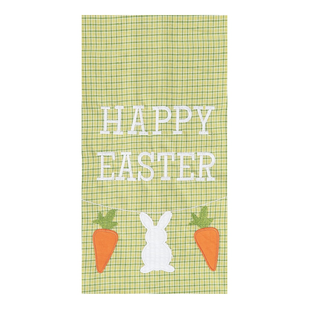 27" x 18" "Happy Easter" Sentiment Easter Bunny with Carrots on Green Check Backgound Cotton Kitchen Dish Towel