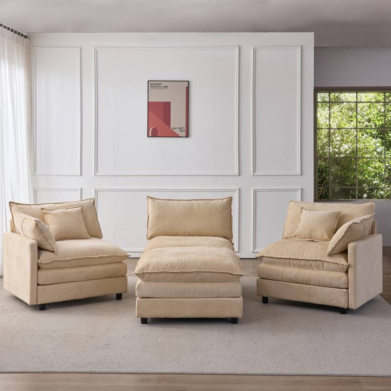 105" Modular Sectional Sofa with Ottoman, Upholstered Chenille Fabric 3-Seater