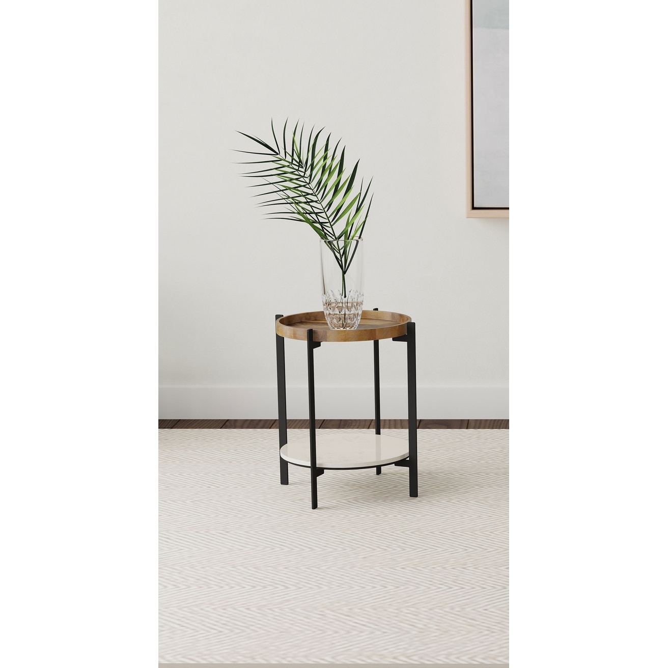 Adhvik Round End Side Table Marble Shelf Natural and Black
