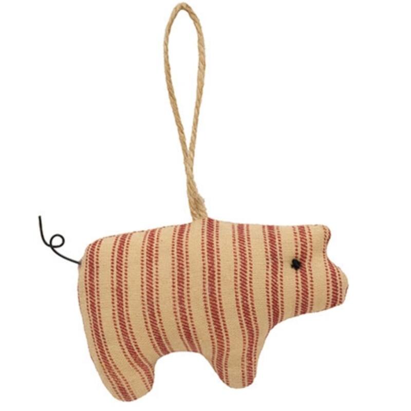 Red-Cream Fabric Plush Pig Ornament with Jute String Hanger - 3.50 x 0.75 x 2 in. - Red