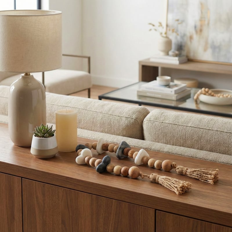 Decorative Acacia Wood Beaded Garland with Marble Heart Accents - 36.0" - Tan/ White