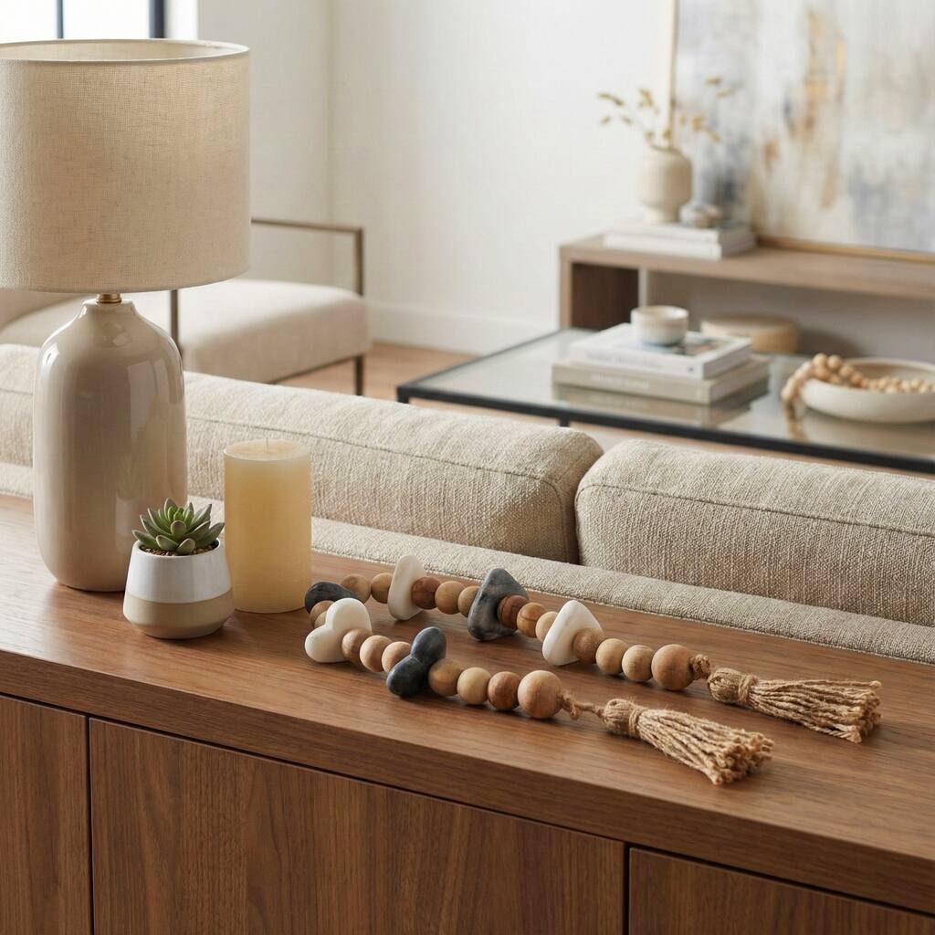 Decorative Acacia Wood Beaded Garland with Marble Heart Accents