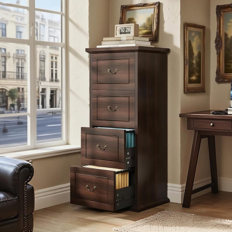Wood File Cabinet, Tall Filing Storage Printer Stand for A4/Letter/Legal Size, Home Office Document Accent Cabinet - Dark Walnut