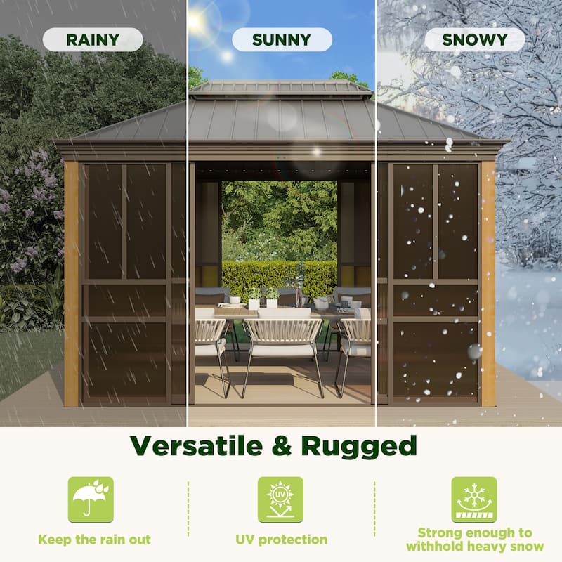 Erommy Outdoor Solarium Sunroom, Patio Hardtop Gazebo, Aluminum Frame Permanent Gazebo with Sliding Doors and Screens