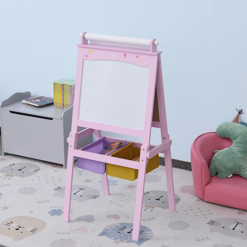 Qaba 3 In 1 Kids Wooden Art Easel with Paper Double-Sided Chalkboard & Whiteboard with Storage for Age 3 Years+, Pink