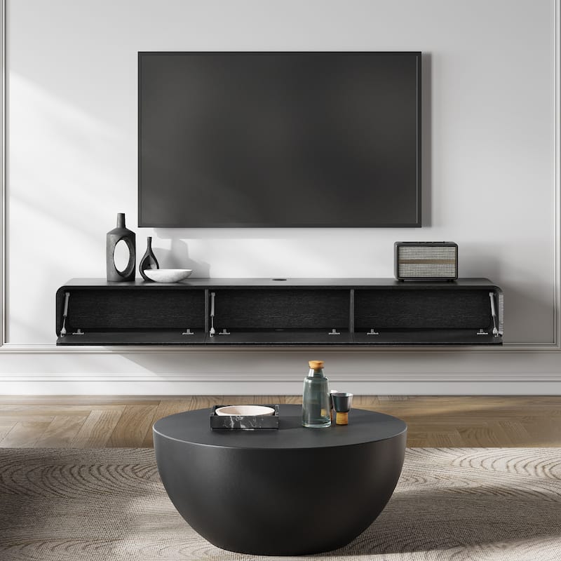 Floating Modern TV Stand for Living Room, Wall-Mounted Entertainment Center with Storage Drawers, Solid Wood, Fully-Assembled