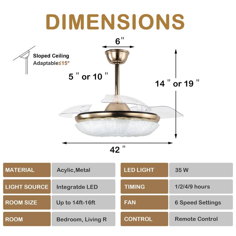 CurveCurio Galaxy-Vibe 42" Retractable Ceiling Fan with Matte Gold Finish & LED Lights – 3 Color Tones, Remote Controlled