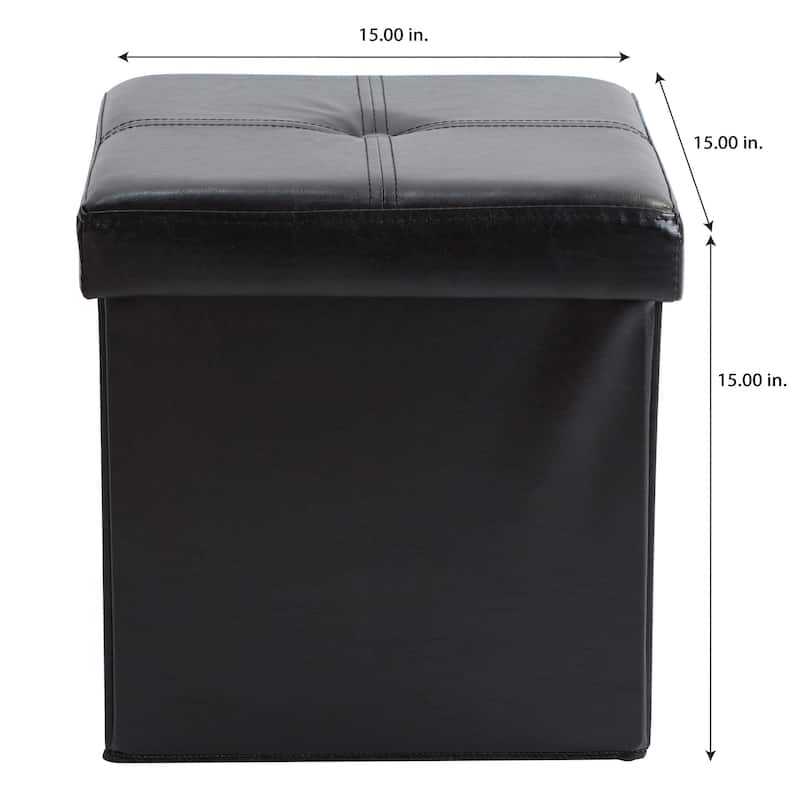 Simplify Black Leather Folding Storage Ottoman Cube - 15" x 15" x 15"