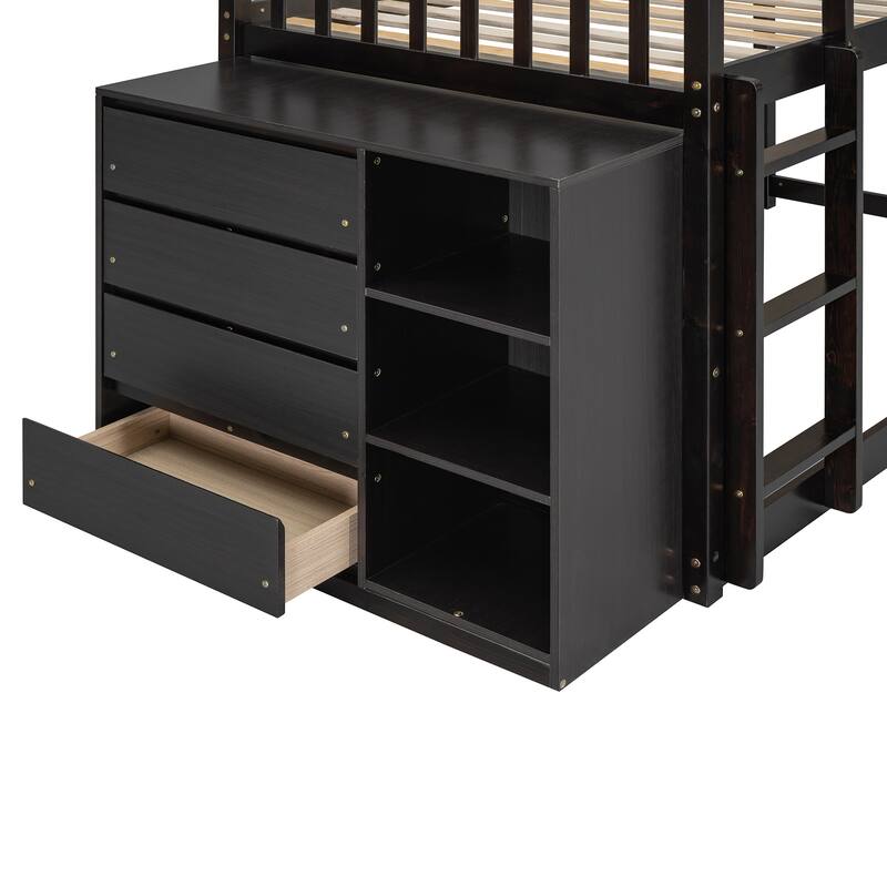 Twin Over Twin Bunk Bed with Storage, 4 Drawers, 3 Shelves, Espresso Finish