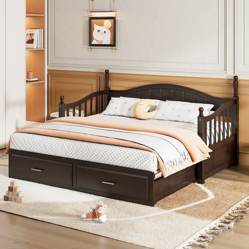 Espresso Twin Size Wooden Daybed with Two Storage Drawers and Trundle for Bedroom