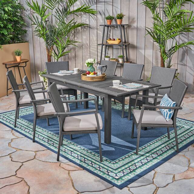 Davenport Outdoor 9 Piece Wood and Wicker Expandable Dining Set by Christopher Knight Home - sandblast dark gray + gray cushion
