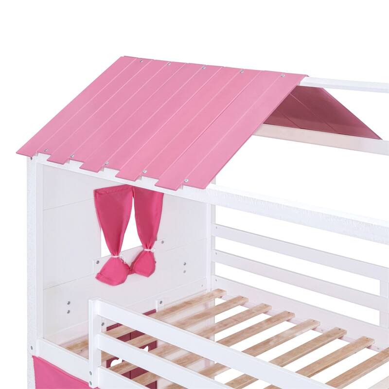 Twin Size Bunk Wood House Bed with Elegant Windows,Sills and Ten