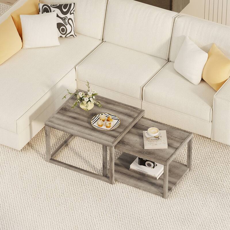 Gymax Nesting Coffee Table Set of 2 Stackable Rectangular End Tables