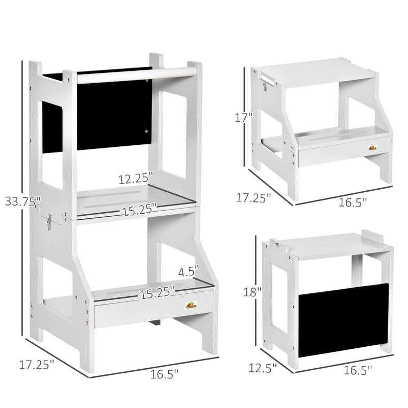 Kids Kitchen Step Stool, 2 in 1 Kitchen Table Set Toddler Standing Tower with Chalkboard, Safety Rail