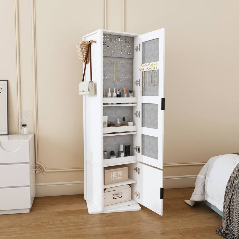 360° Rotating Makeup & Jewelry Cabinet with Full-Length Mirror - Standing Organizer with Coat Rack & 6-Tier Shelves