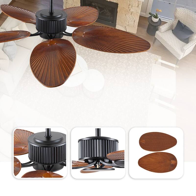 50 Inch Tropical Ceiling Fan with Palm Leaf Blades Glass Cover Remote Control Waterproof for Farmhouse Indoor and Outdoor Patio