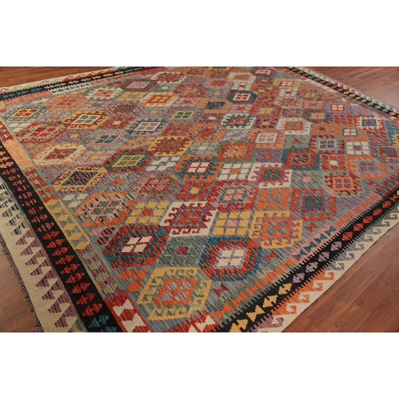 All-Over Geometric Kilim Oriental Area Rug Flatweave Wool Carpet - 8'10"x 11'2"