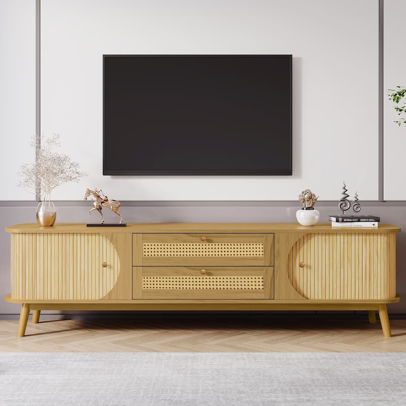 Rattan TV Stand for TVs Up to 75'', Modern Media Console, Entertainment Center with Solid Wood Legs, TV Cabinet for Living Room
