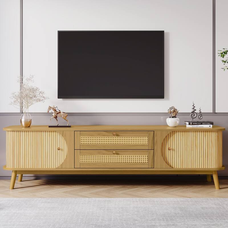 Rattan TV Stand for TVs up to 75'', Modern Farmhouse Media Console, Entertainment Center with Solid Wood Legs