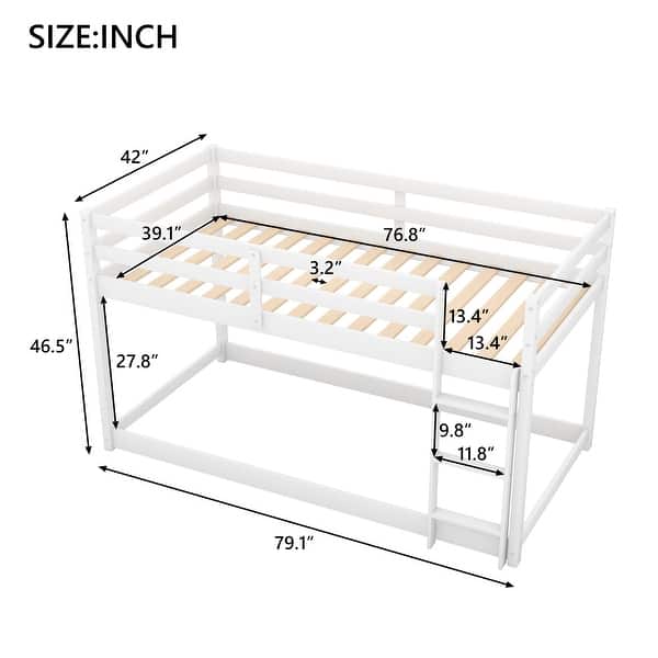 dimension image slide 1 of 2, Twin Over Twin Solid Wood Floor Bunk Kids Bed with Ladder - Low Design for Safety, Full-Length Guardrails, Easy Assembly, White